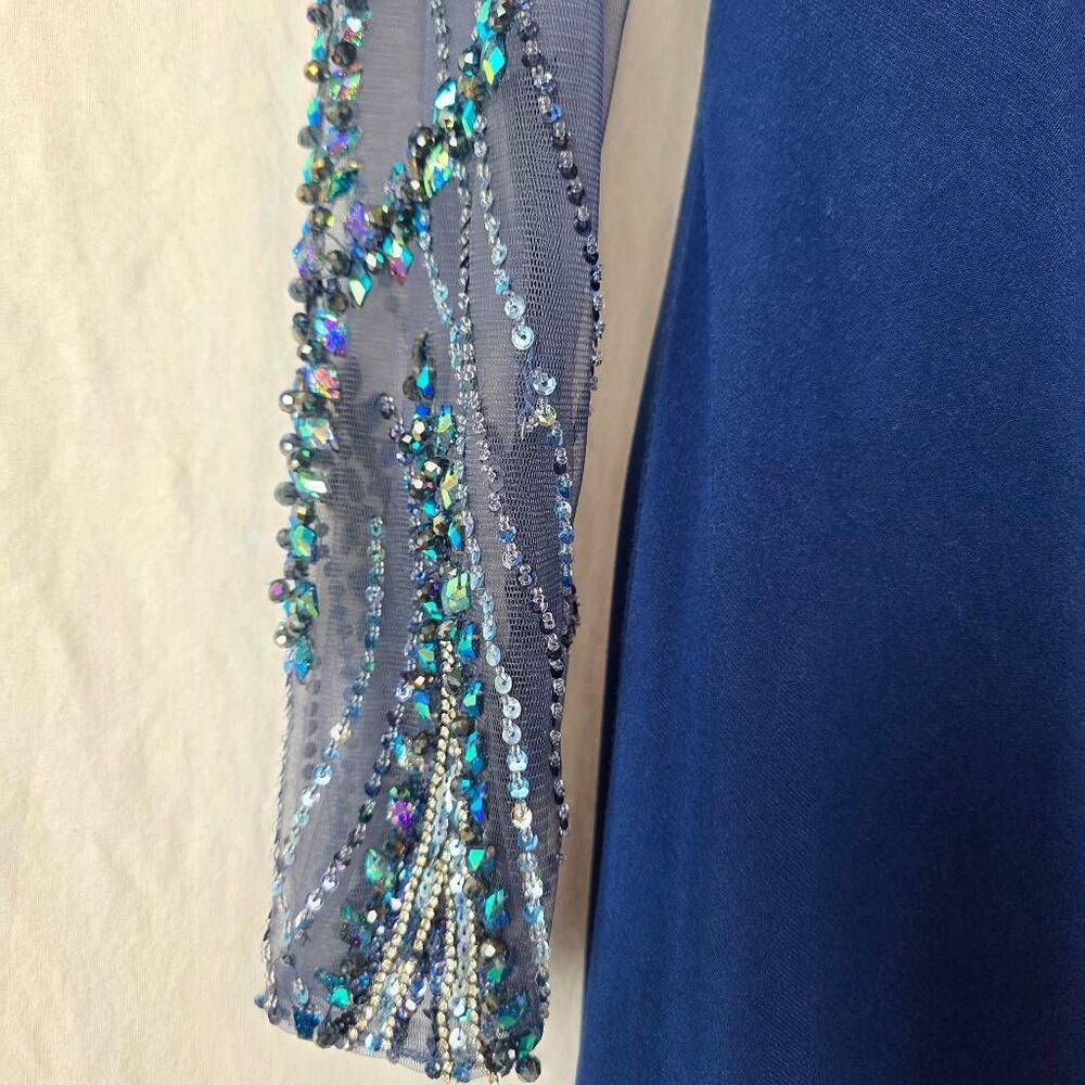 TONY BOWLS Blue Beaded One Shoulder Prom Gown - Picture 8 of 16